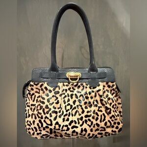 Hair-on leopard print shoulder Bag with genuine leather trim. Designer Sample